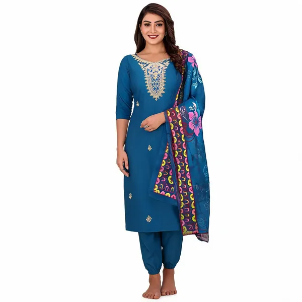 Blue_Cotton_Embroidered_Kurta_Set_With_Pants_For_Women