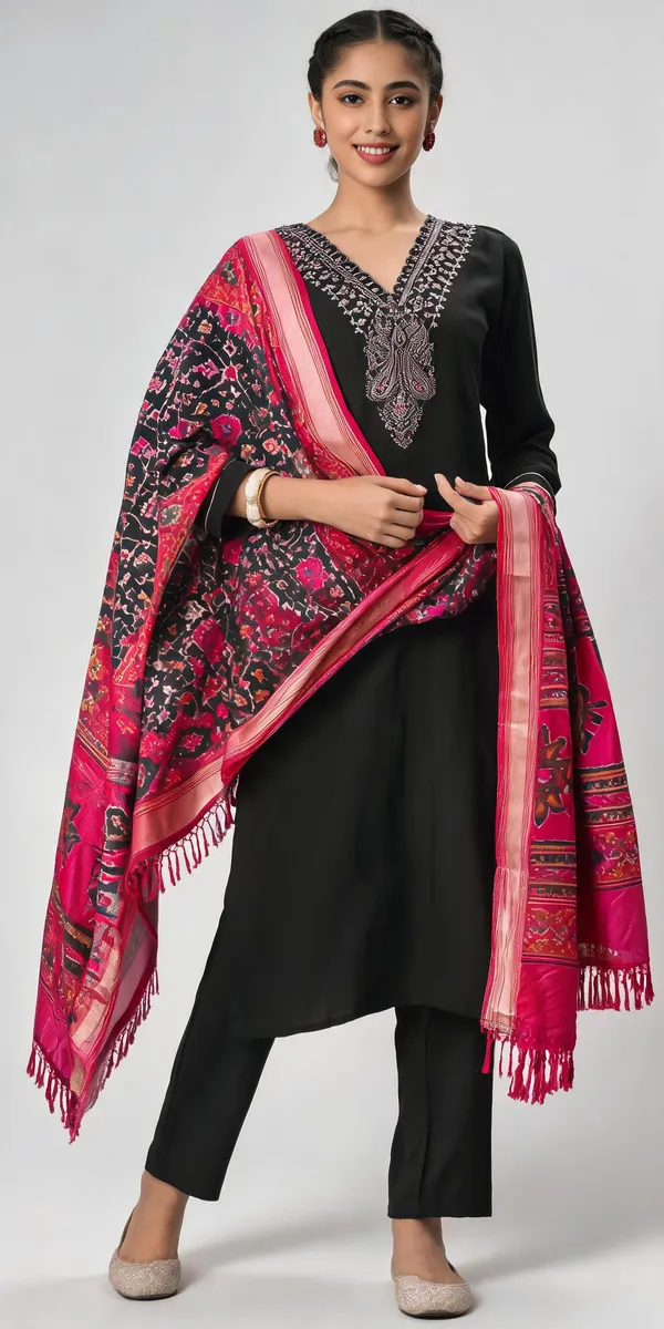 Black_Cotton_Embroidered_Kurta_Pant_Dupatta_Set_For_Women
