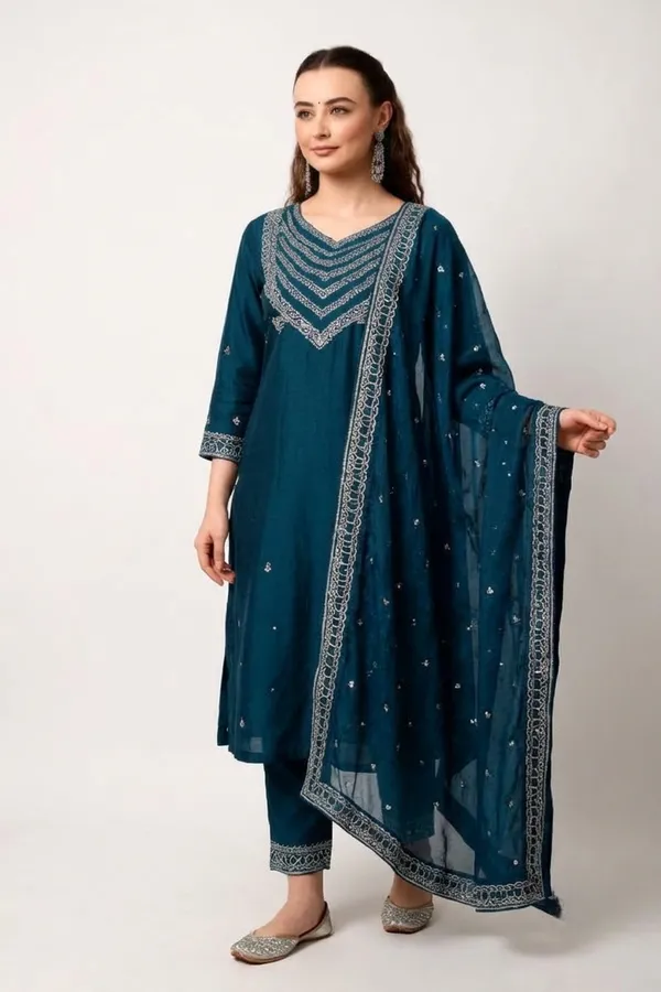 Teal_Cotton_Kurta_Set_Duo_For_Women