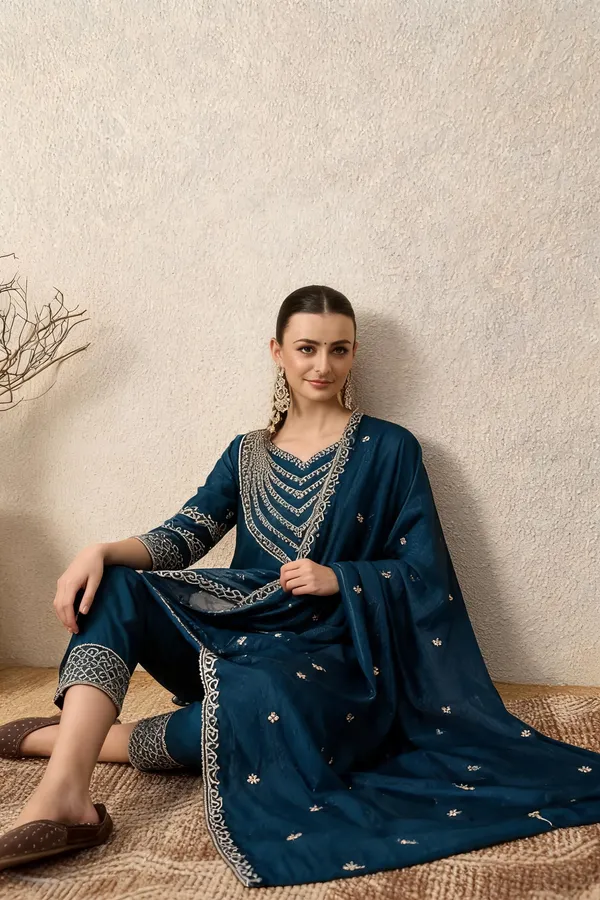 Teal_Cotton_Embroidered_Kurta_Set_For_Women