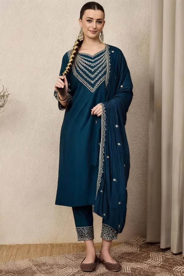 Teal_Cotton_Embroidered_Kurta_Set_For_Women