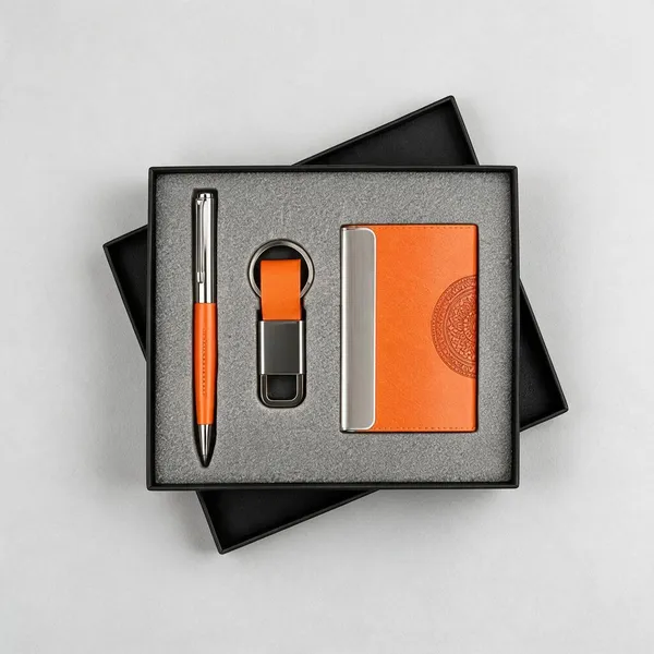 Premium_Orange_And_Gold_Card_Holder,_Pen_And_Keychain_Gift_Set_Luxury_Corporate_Gift_Set
