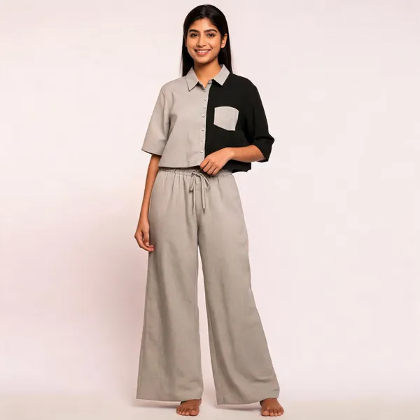 Grey_Linen_Color_Block_Shirt_And_Trousers_Set_For_Women