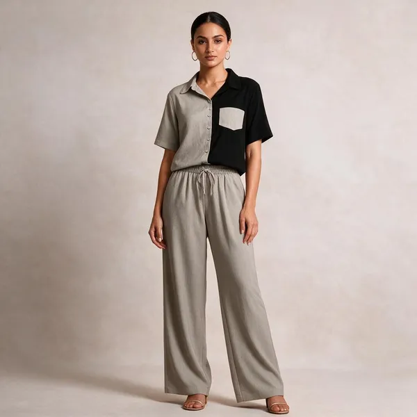 Grey_Linen_Color_Block_Shirt_And_Trousers_Set_For_Women