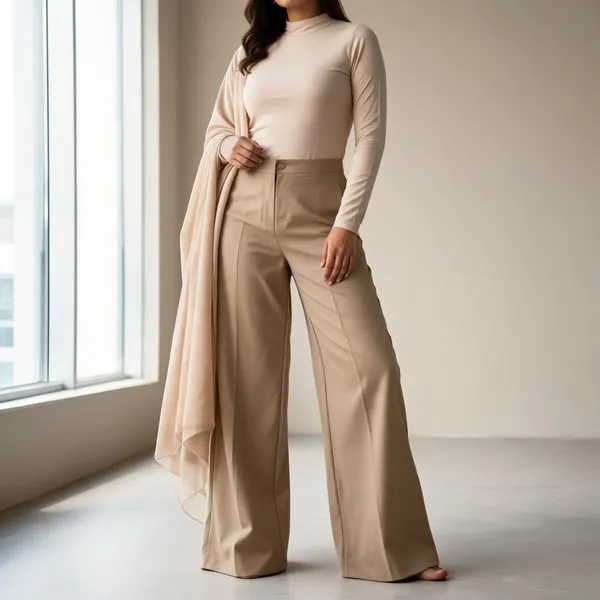 Beige_Polyester_Wide_Leg_Trousers_For_Women