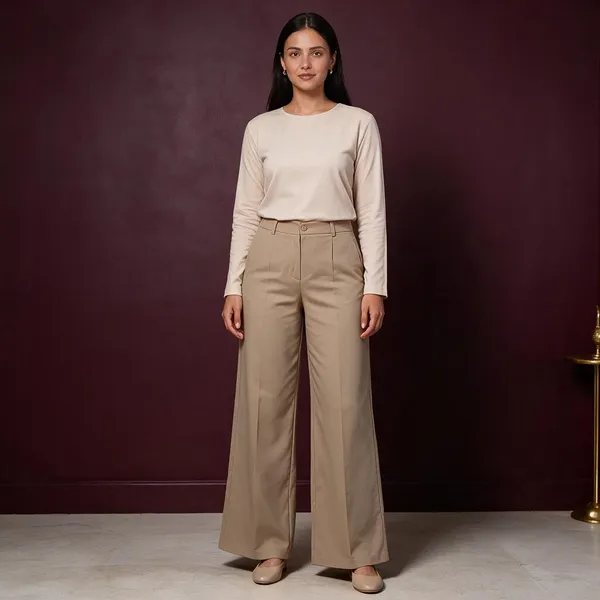 Beige_Polyester_Wide_Leg_Trousers_For_Women