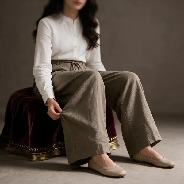 Beige_Linen_Drawstring_Wide_Leg_Trousers_For_Women
