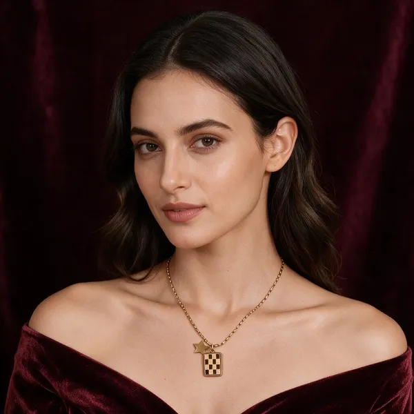 Gold_Stainless_Steel_Star_Checkerboard_Pendant_Necklace_For_Women