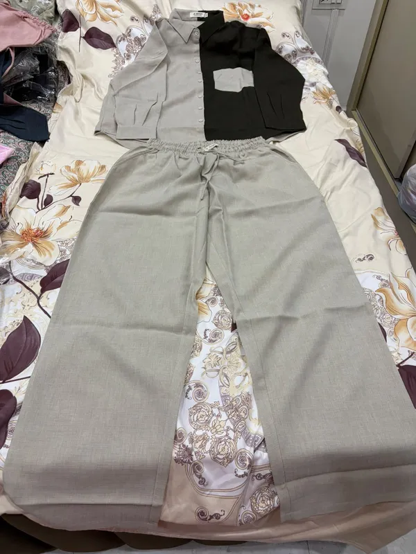 Grey_Linen_Color_Block_Shirt_And_Trousers_Set_For_Women