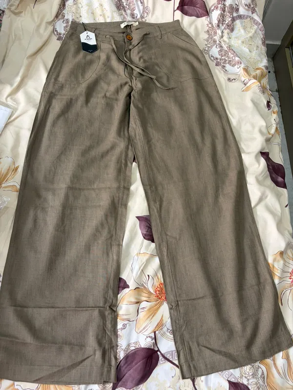 Beige_Linen_Drawstring_Wide_Leg_Trousers_For_Women