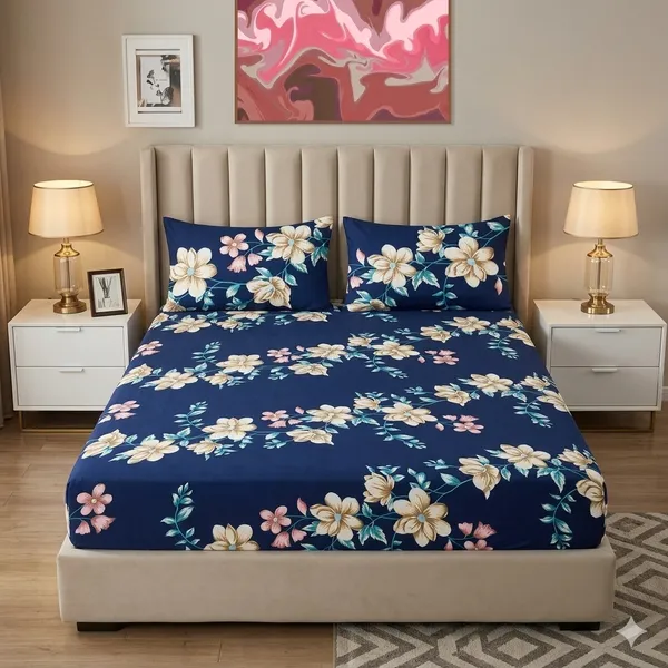 Blue_Floral_Elastic_Fitted_Woolen_Winter_King_size_Bedsheet_with_Pillow_cover