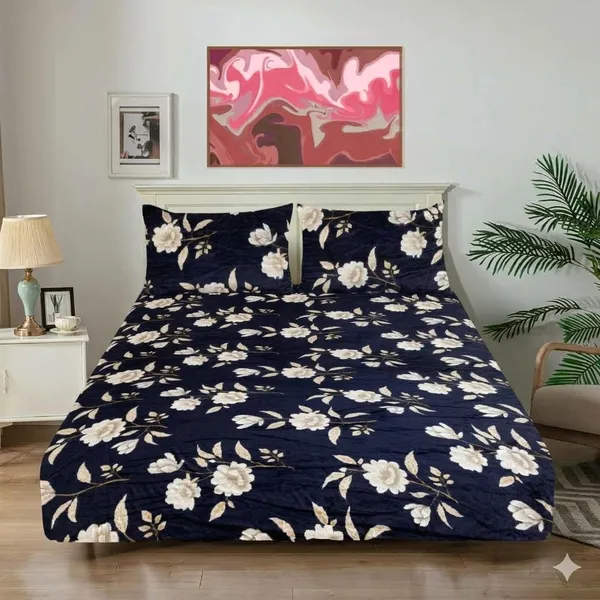 Blue_Floral_Elastic_Fitted_Woolen_Winter_King_size_Bedsheet_with_Pillow_cover