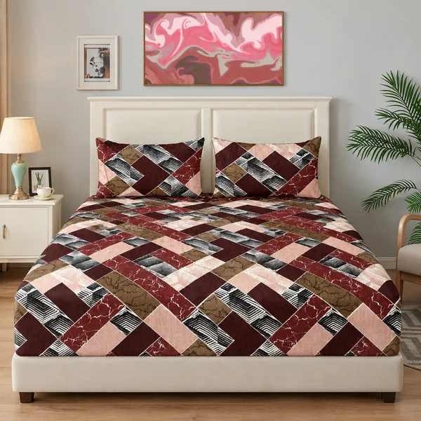 Brown_Geometric_Elastic_Fitted_Woolen_Winter_King_size_Bedsheet_with_Pillow_cover