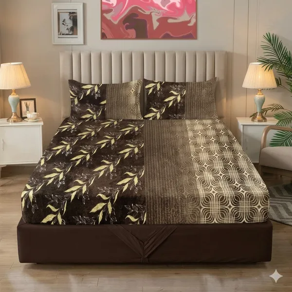 Brown_leaf_Elastic_Fitted_Woolen_Winter_King_size_Bedsheet_with_Pillow_cover