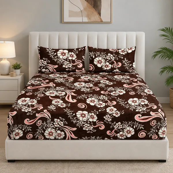 Coffee_Floral__Elastic_Fitted_Woolen_Winter_King_size_Bedsheet_with_Pillow_cover