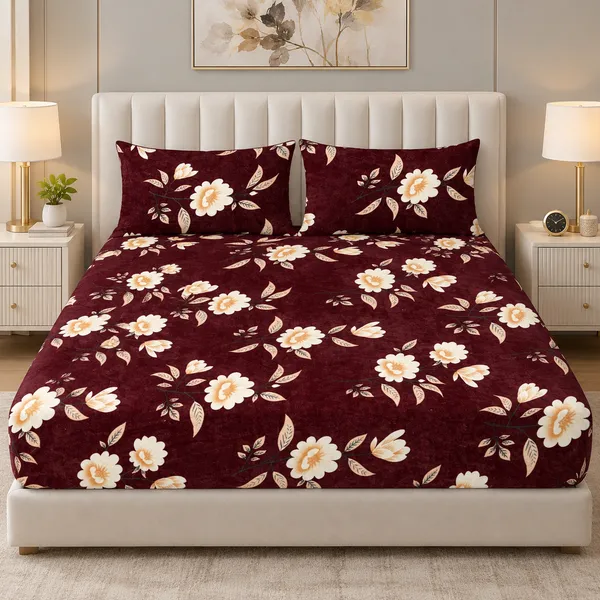 Maroon_Floral__Elastic_Fitted_Woolen_Winter_King_size_Bedsheet_with_Pillow_cover