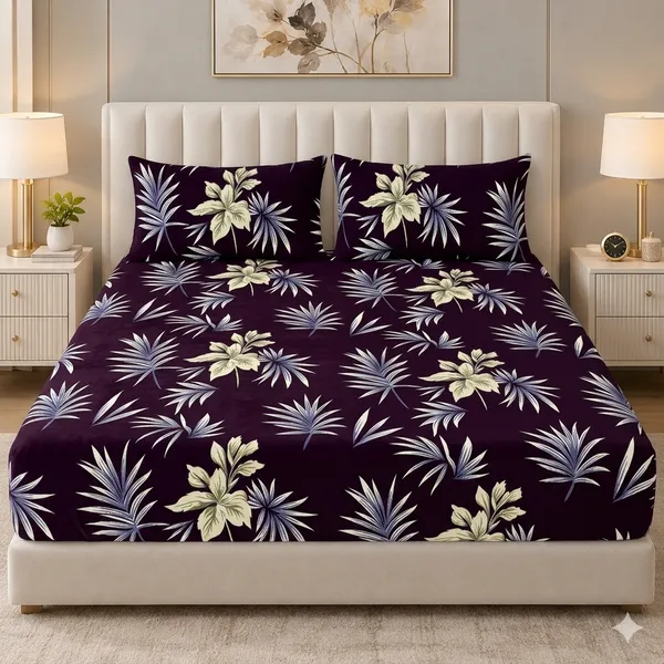 Purple_Tropical_Elastic_Fitted_Woolen_Winter_King_size_Bedsheet_with_Pillow_cover