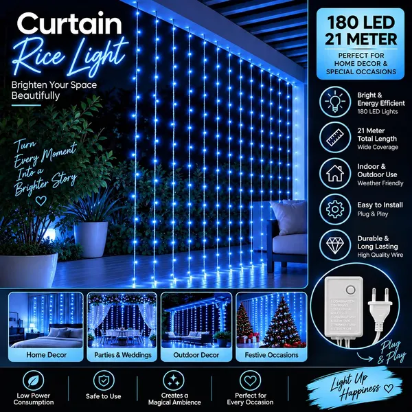 KAVYASHINE_Led_Curtain_String_Rice_Lights_180_Leds_21_Meter_8_Modes_For_Home_Decoration_For_Diwali_Christmas_Events_Blue