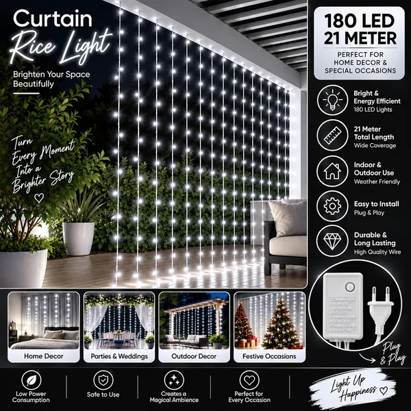 KAVYASHINE_Led_Curtain_String_Rice_Lights_180_Leds_21_Meter_8_Modes_For_Home_Decoration_For_Diwali_Christmas_Events_White