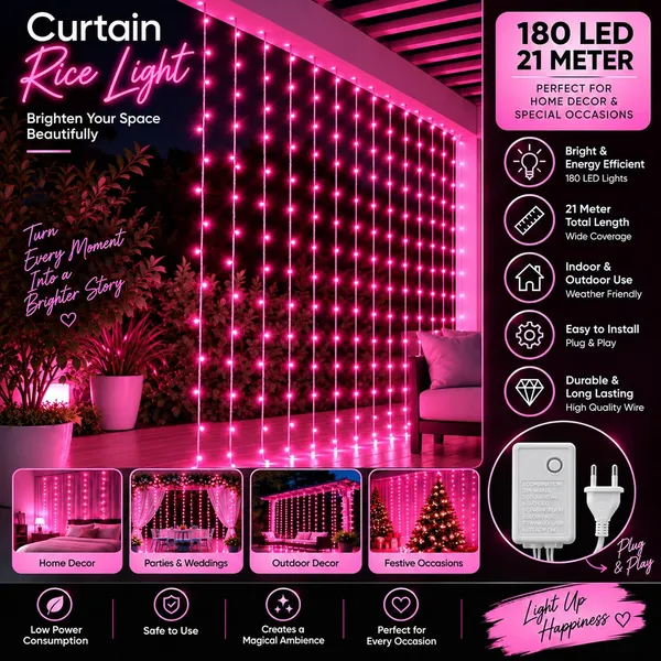KAVYASHINE_Led_Curtain_String_Rice_Lights_180_Leds_21_Meter_8_Modes_For_Home_Decoration_For_Diwali_Christmas_Events_Pink