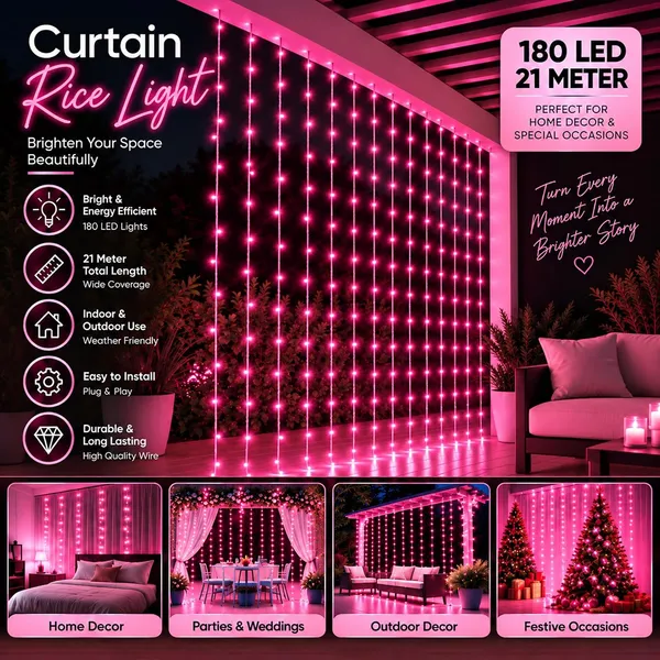 KAVYASHINE_Led_Curtain_String_Rice_Lights_180_Leds_21_Meter_8_Modes_For_Home_Decoration_For_Diwali_Christmas_Events_Pink