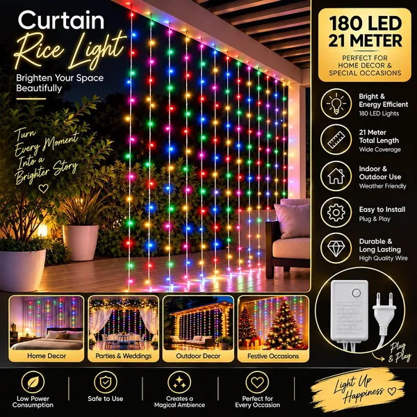 KAVYASHINE_180Led_Curtain_String_Rice_Lights_21_Meter_8_Modes_For_Home_Decoration_For_Diwali_Christmas_Events_Multi