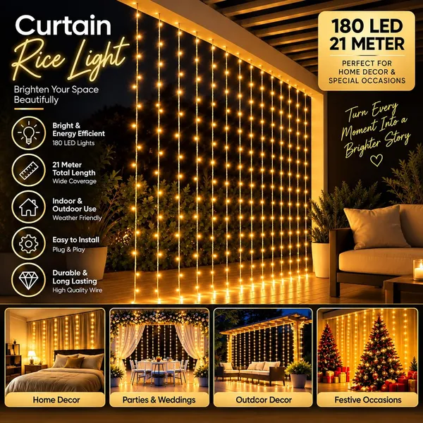 KAVYASHINE_180Led_Curtain_String_Rice_Lights_21_Meter_8_Modes_For_Home_Decoration_For_Diwali_Christmas_Events_Warm_White