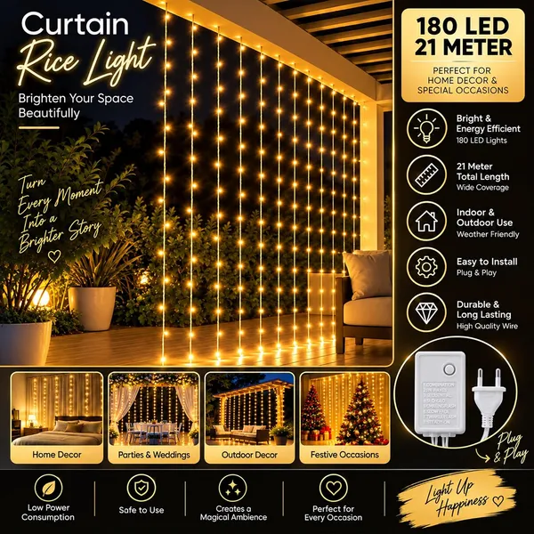 KAVYASHINE_180Led_Curtain_String_Rice_Lights_21_Meter_8_Modes_For_Home_Decoration_For_Diwali_Christmas_Events_Warm_White