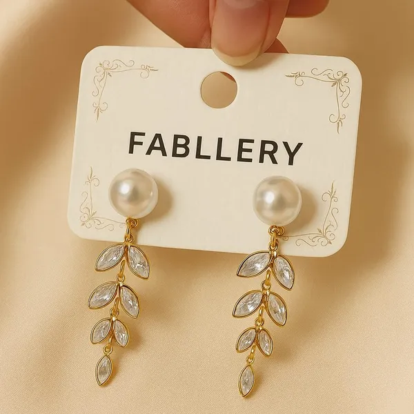 Fabllery_Anti_Tarnish_Pearl_Drop_Earrings_With_Zircon_Leaf_Design_Elegant_Gold_Finish