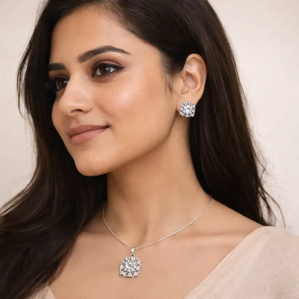 Fabllery_Elegant_American_Diamond_Pendant_Necklace_Set_With_Earrings_Luxury_Floral_Design_Silver_Jewellery_Set_For_Women
