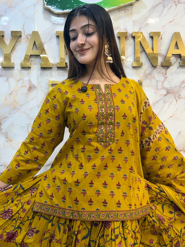 Mustard_Printed_Flared_Kurta_Set_For_Women