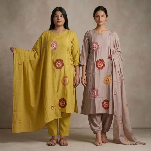 Beige_And_Yellow_Floral_Embroidered_Straight_Kurta_Set_For_Women_Pack_Of_2