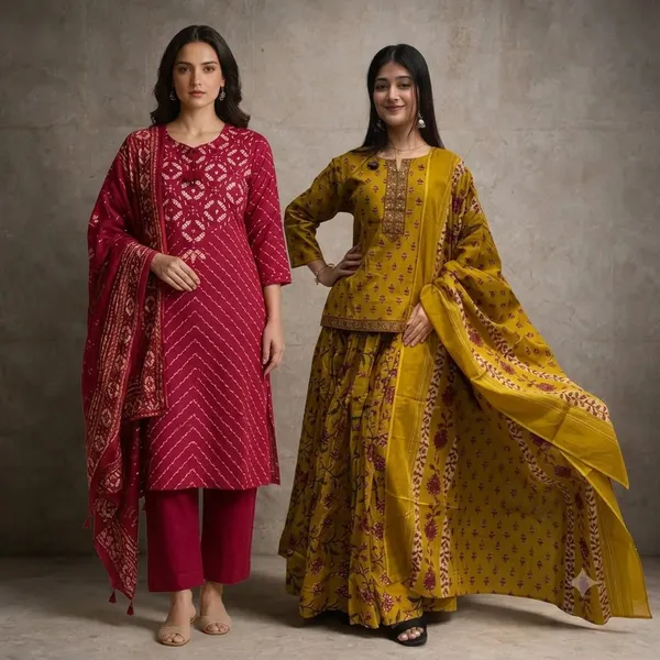 Mustard_And_Red_Printed_Flared_Kurta_Set_For_Women_Pack_Of_2