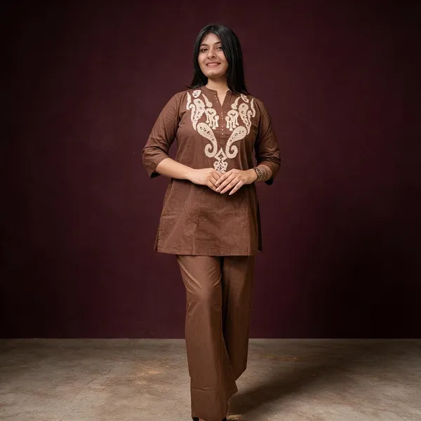 Brown_Embroidered_Kurta_Pant_Set_For_Women