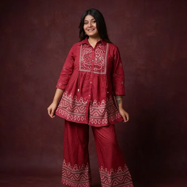 Red_Printed_Flared_Kurta_Set_For_Women