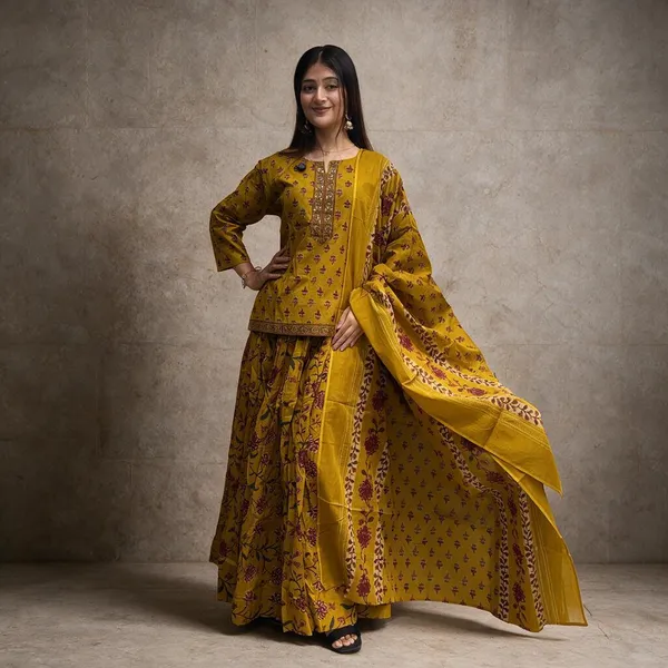 Mustard_Printed_Flared_Kurta_Set_For_Women