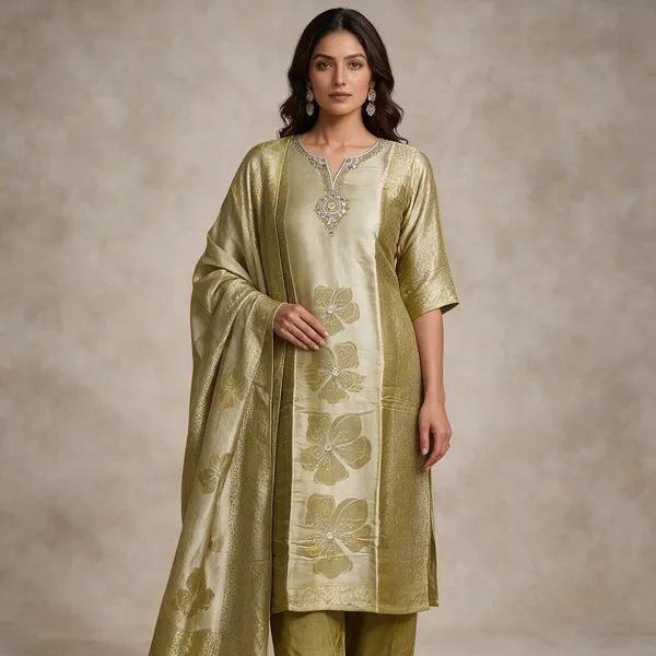 Olive_Glossy_Printed_Embellished_Kurta_Set_For_Women