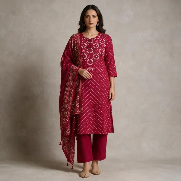 Beige_And_Red_Floral_Embroidered_Straight_Kurta_Set_For_Women_Pack_Of_2