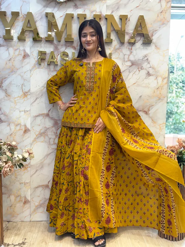 Mustard_Printed_Flared_Kurta_Set_For_Women