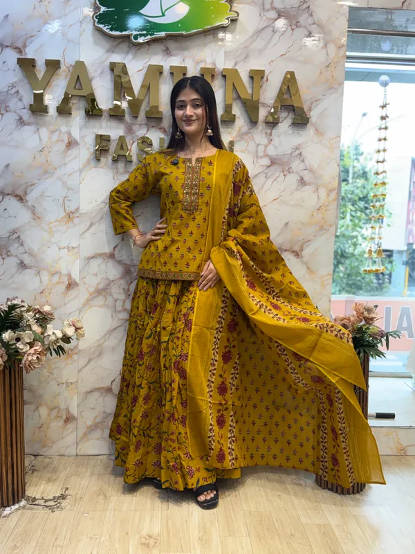 Mustard_Printed_Flared_Kurta_Set_For_Women