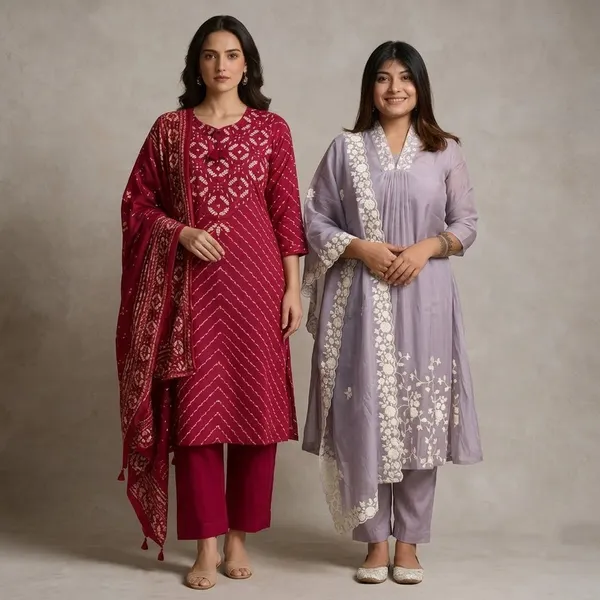 Red_And_Lilac_Embroidered_Printed_Kurta_Set_For_Women__Pack_Of_2