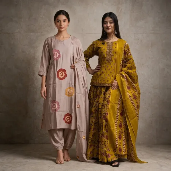 Mustard_And_Beige_Floral_Embroidered_Printed_Flared_Kurta_Set_For_Women_Pack_Of_2
