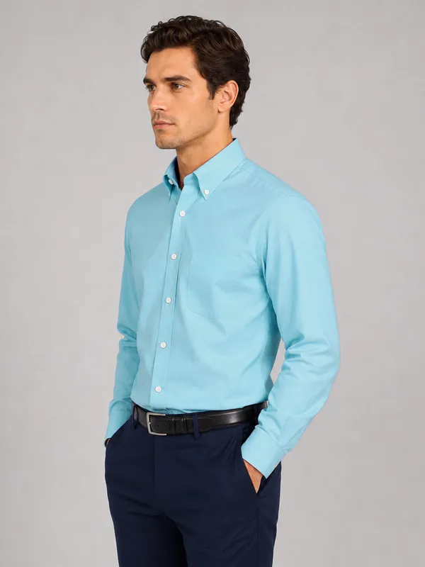 New_Cyan_Blue_Oxford_Cotton_Shirt_For_Men