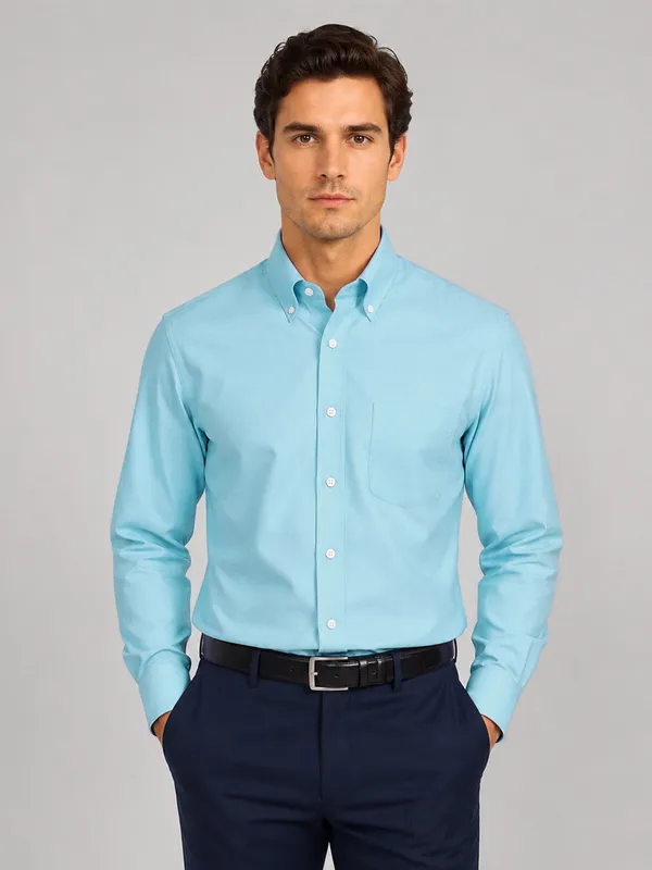 New_Cyan_Blue_Oxford_Cotton_Shirt_For_Men
