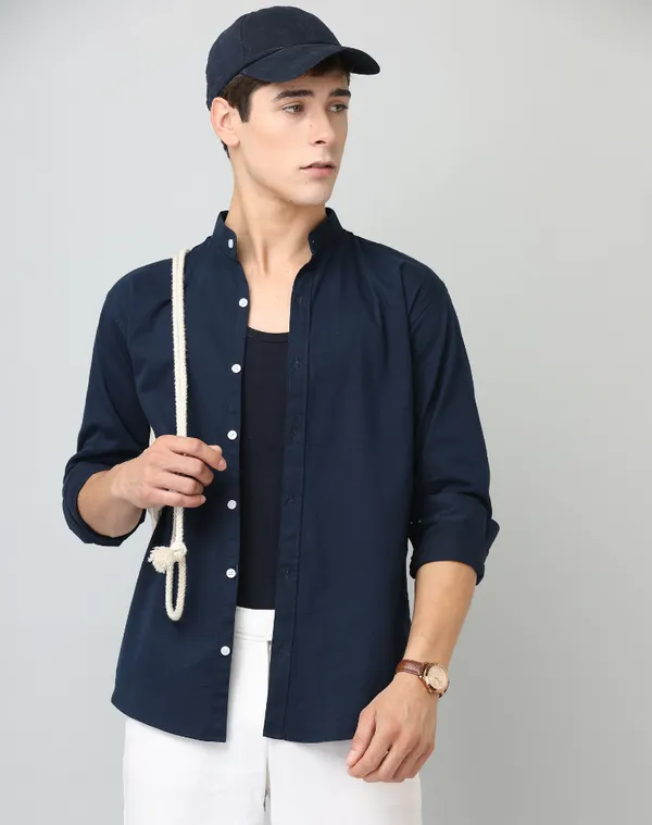 Chinese_Collar_Navy_Blue_Solid_Tailored_Fit_Cotton_Casual_Shirt_For_Man