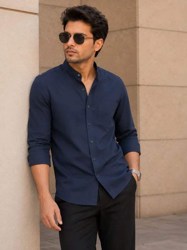 Chinese_Collar_Navy_Blue_Solid_Tailored_Fit_Cotton_Casual_Shirt_For_Man