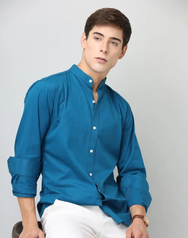 Chinese_Collar_Peacocke_Blue_Solid_Tailored_Fit_Cotton_Casual_Shirt_For_Man