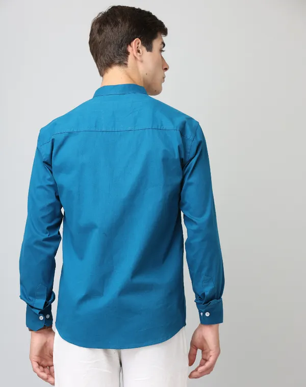 Chinese_Collar_Peacocke_Blue_Solid_Tailored_Fit_Cotton_Casual_Shirt_For_Man