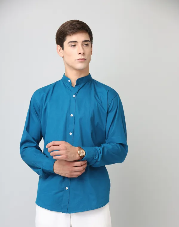 Chinese_Collar_Peacocke_Blue_Solid_Tailored_Fit_Cotton_Casual_Shirt_For_Man