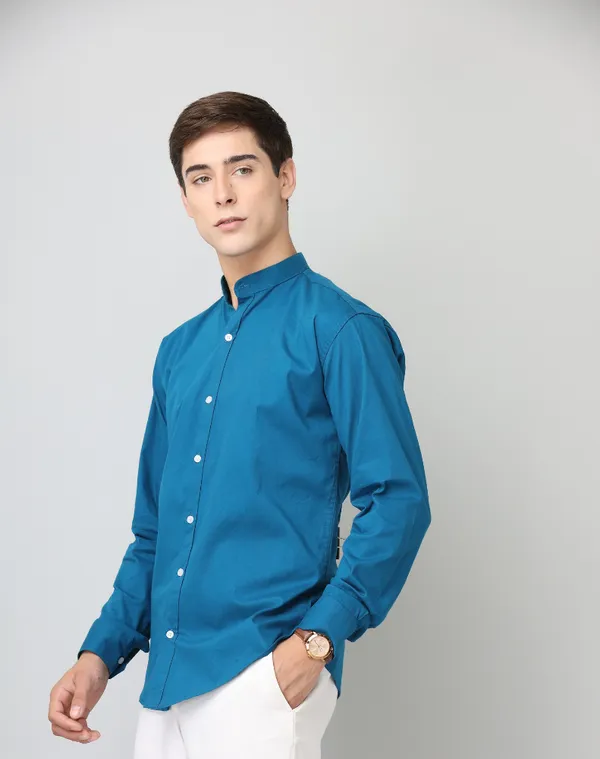 Chinese_Collar_Peacocke_Blue_Solid_Tailored_Fit_Cotton_Casual_Shirt_For_Man
